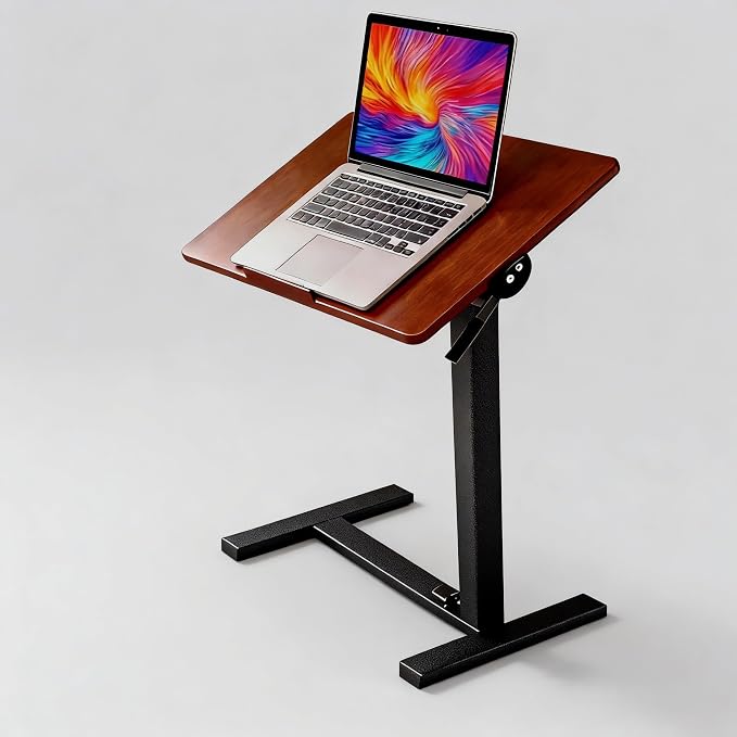 Mobile Standing Desk Adjustable Overbed Table, Pneumatic Height Adjustable Rolling Laptop Desk with Hidden Wheels, 0-180°Tilt Top Rolling Computer Cart Foldable for Home Office, Craft & Study, Brown