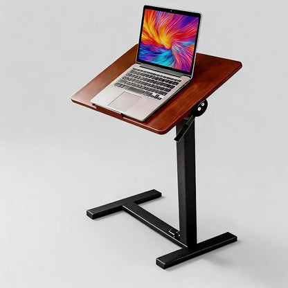 Mobile Standing Desk Adjustable Overbed Table, Pneumatic Height Adjustable Rolling Laptop Desk with Hidden Wheels, 0-180°Tilt Top Rolling Computer Cart Foldable for Home Office, Craft & Study, Brown