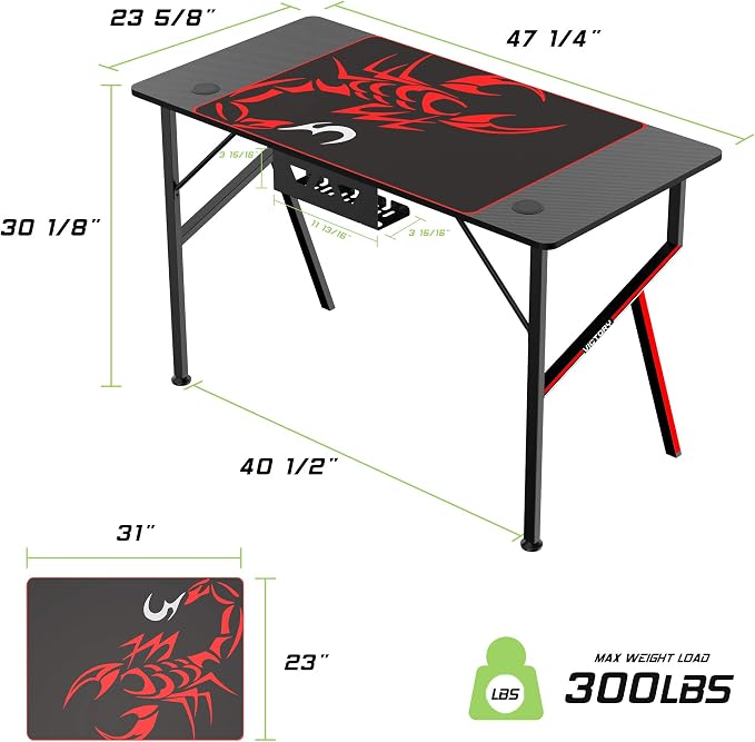 EUREKA ERGONOMIC EE Gaming Desk Office Desk Computer Desk Home Table 47 Inch Desk with Mouse Pad Headset Hook Cup Holder Controller Stand, Black
