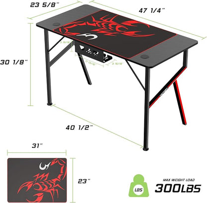 EUREKA ERGONOMIC EE Gaming Desk Office Desk Computer Desk Home Table 47 Inch Desk with Mouse Pad Headset Hook Cup Holder Controller Stand, Black