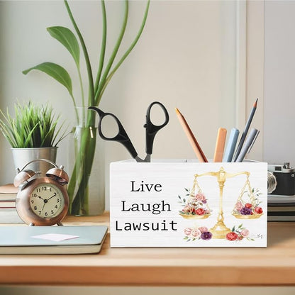 Funny Lawyer Gifts Pen Holder for Desk, Live Laugh Lawsuit Justice Scale Wooden Box Sign Desk Decor for Law School Office Decoration, Attorney Gifts for Women Pencil Organizer
