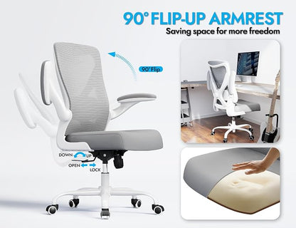 Office Chair Ergonomic Desk Chair Comfy: 330LBS Mesh Computer Chair Ergonomic Gaming Chairs with Wheels Adjustable Lumbar Support and Flip up Armrest-Swivel Executive Chairs Long Hours(White Gray)