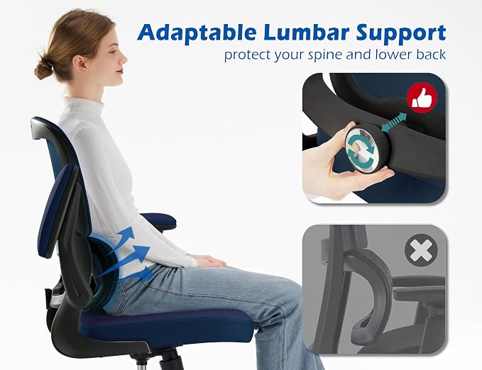 TRALT Ergonomic Office Chair - Desk Chair with Adjustable Lumbar Support Computer Chair - Mesh Comfy Chair with Flip-up Armrests - Gaming Chairs for Adults Home Office (PU Leather, Navy Blue)
