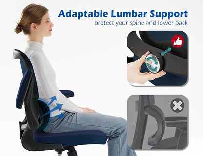 TRALT Ergonomic Office Chair - Desk Chair with Adjustable Lumbar Support Computer Chair - Mesh Comfy Chair with Flip-up Armrests - Gaming Chairs for Adults Home Office (PU Leather, Navy Blue)