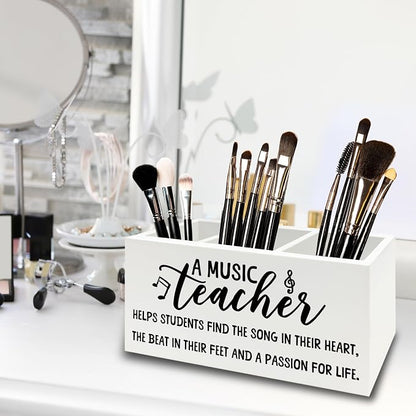 Music Teacher Pen Pencil Holder Organizer for Desk, Music Teacher Gifts, Teachers Appreciation Gifts for Women Men Wooden Box Sign for Office Workplace Classroom Desk Tabletop Decorations