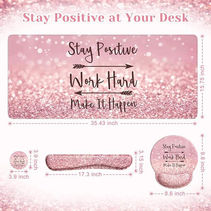 iCasso Mouse Pad,Large Pink Desk Mat Set, 4in1 XXL Mousepad + Keyboard Wrist Rest+Mouse Wrist Rest+Coaster with Ergonomic Desk Pad for Home Office Table Computer Cover -Pink Stay Positive