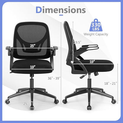 Giantex Mesh Office Chair, Ergonomic Desk Chair with Flip-up Arms & Lumbar Support, Height Adjustable Swivel Computer Desk with High Back for Home Office (Black)