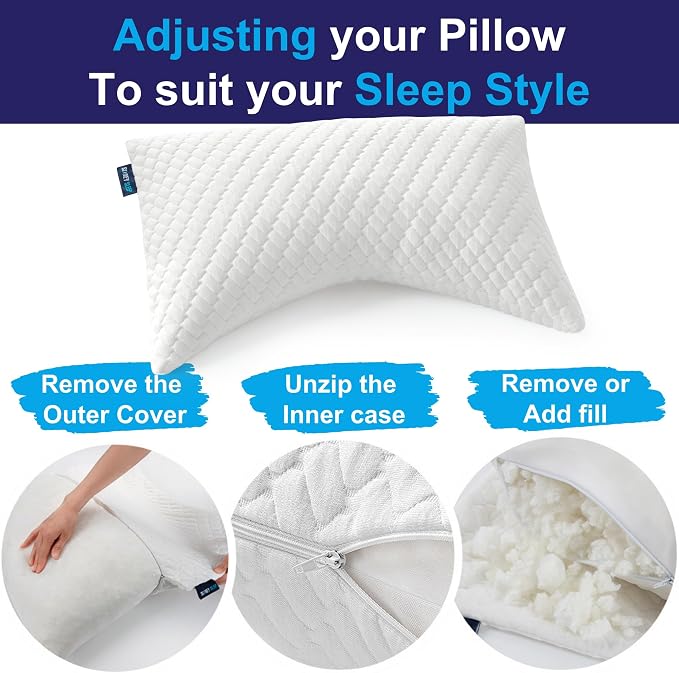 Sidney Sleep Adjustable Bed Pillow for Neck and Shoulder Support with Extra Shredded Fill - Cervical Contour Pillow for Side and Back Sleepers. Standard Size 19" x 26" CertiPUR-US Certified (White)