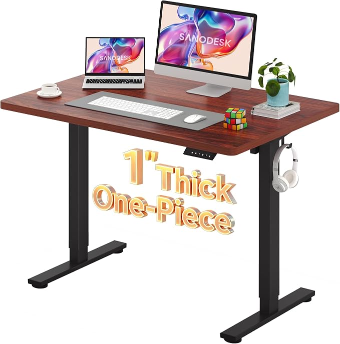 SANODESK Electric Standing Desk 48 x 30 Inches Whole-Piece Desktop Height Adjustable Stand Up Desk w/6-Button Controller Ergonomic Computer Desk for Home Office, Black Frame + Mahogany Tabletop