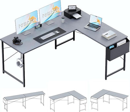 Pamray 64.5 Inch Reversible L Shaped Gaming Desk Large Corner Computer Desk with Storage Bag Home Office Table for Writing Study Grey