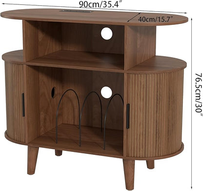 Fiogmub Round Printer Stand with Charging Station & USB Ports, 35.4 x15.7 x 30 Inches Large Printer Table 3 Tier with Storage Shelf for Home Office (Walnut)