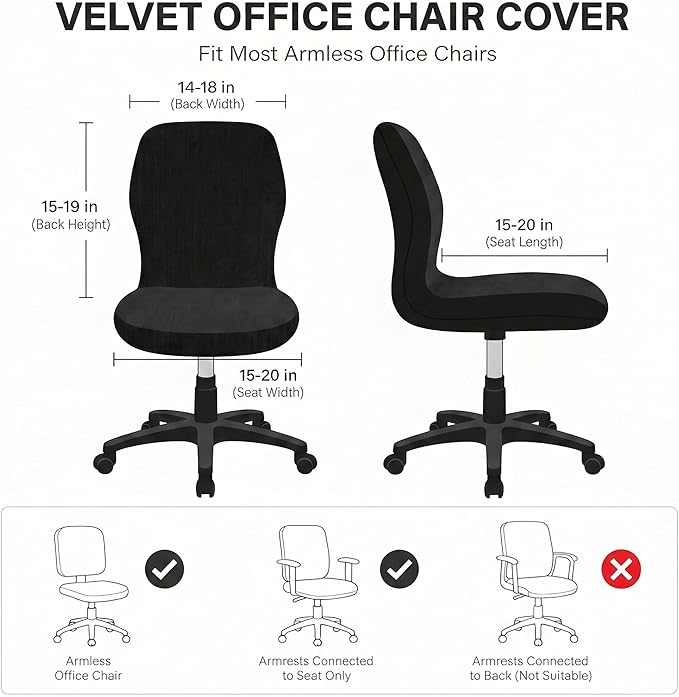 Deisy Dee Velvet Stretch Armless Office Chair Covers - Colorful Stretch Slipcover for Desk Chairs (Black)