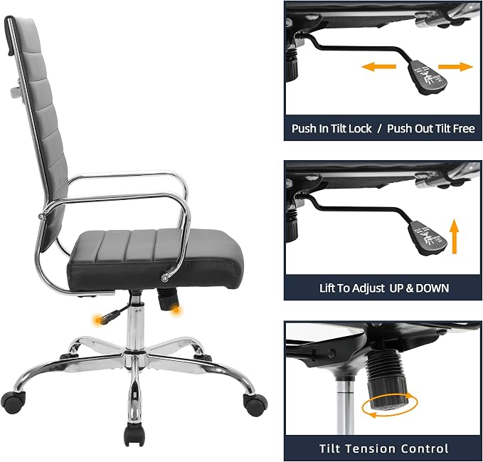 LANDSUN Home Office Chair Ribbed Leather High Back Executive Swivel Computer Desk Chairs with Wheels and Armrests Soft Padded Adjustable Height Modern Conference Task Black