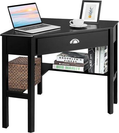 KOTEK Corner Desk with Drawer and Shelves, Wooden Home Office Desk Triangle Computer Desk, Writing Study Desk Computer Workstation, Makeup Vanity Table (Black)