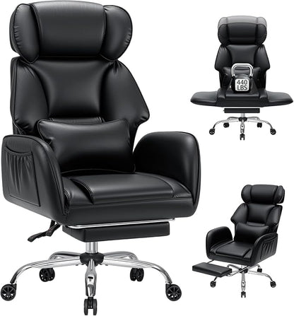 HOFFREE Criss Cross Office Chair with Wheels Ergonomic Office Chair with Reversible Armrest Wide Seat Comfy Desk Chair with Foot Rest for Gaming, Reading, Working (Black,Leather)