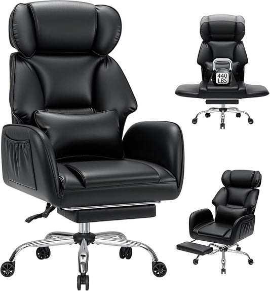 HOFFREE Criss Cross Office Chair with Wheels Ergonomic Office Chair with Reversible Armrest Wide Seat Comfy Desk Chair with Foot Rest for Gaming, Reading, Working (Black,Leather)