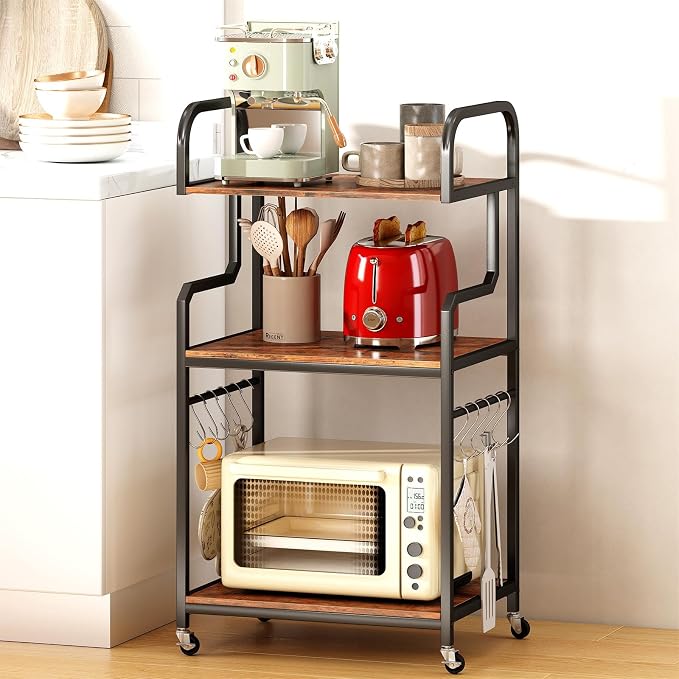 GOFLAME 3-Tier Mobile Printer Stand, Rolling Printer Table with Storage Shelves, 10 S-Shaped Hooks, Lockable Wheels, Home Office Rolling Cart for Shredder, Scanner, Fax (Rustic Brown + Black)