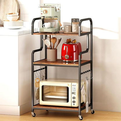 GOFLAME 3-Tier Mobile Printer Stand, Rolling Printer Table with Storage Shelves, 10 S-Shaped Hooks, Lockable Wheels, Home Office Rolling Cart for Shredder, Scanner, Fax (Rustic Brown + Black)