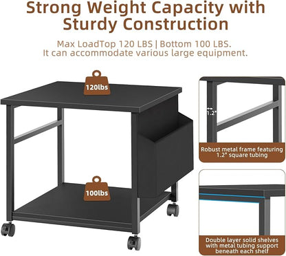 Lerliuo Black Large Printer Stand with Storage, 23.6" W x 23.6" D x 22.8" H Printer Table for Home Office, Rolling Printer Cart Holder with Lockable Wheels, Mobile Mini Fridge Stand Table