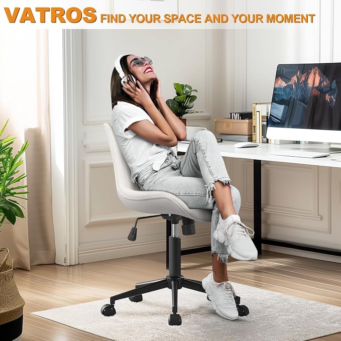 Armless Office Chair, Height Adjustable Desk Chair with Wheels, Ergonomic Comfy 360° Swivel Home Office Computer Task Chair, Faux Leather Padded Cute Vanity Chair, White