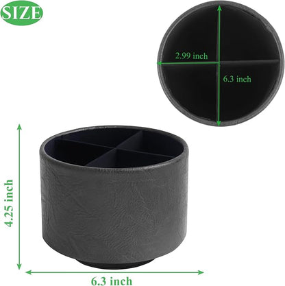 Round Leather Art Supply Organizer,Remote Control Holder,360 Degree Spinning,Multi-Functional Pencil Holder,4 Compartments Desktop Stationary Organizer(1-Crazy Black)