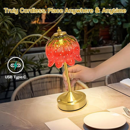 Cordless Lotus Flower Table Lamp, 5200mAh Rechargeable Battery Operated Portable Lamp, 3-Color Dimmable Touch Control Small Desk Lamp for Bedroom, Office, Kitchen, Nightstand,Room Decor (Strawberry)