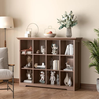 OSCHF Cube Shelf Bookcase with Base - Wooden 3 Tiers Floor Standing Low Storage Cabinet for Home and Office, 12-Cube Lattice Bookshelf, Walnut