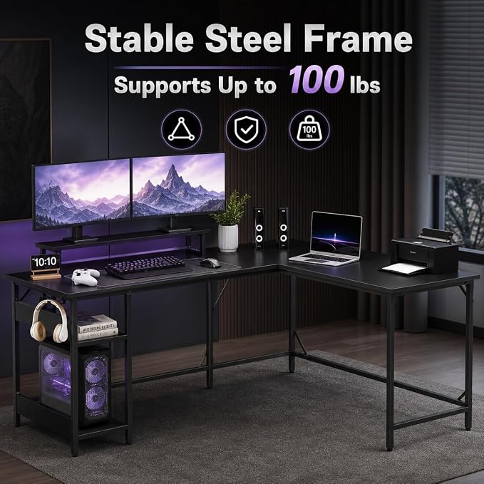 DEVAISE Spacious 55" L Shaped Gaming Desk with LED Lights and Power Outlets - Reversible Corner Computer Table with Monitor Stand and Storage Shelves for Work and Gaming, Black
