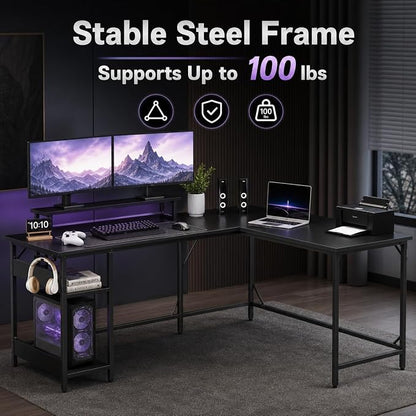DEVAISE Spacious 55" L Shaped Gaming Desk with LED Lights and Power Outlets - Reversible Corner Computer Table with Monitor Stand and Storage Shelves for Work and Gaming, Black