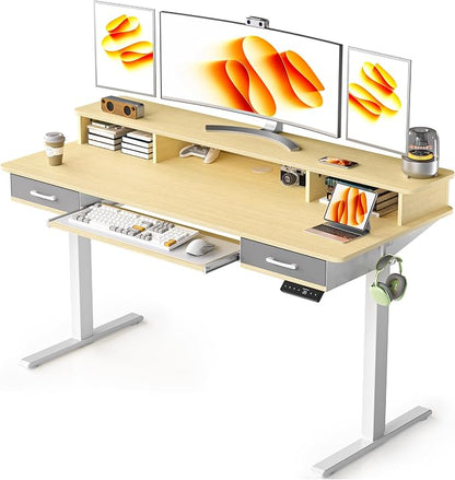 WALKINGDESK 63 Inches Electric Standing Desk with Keyboard Tray, Height Adjustable Sit to Stand Table with 2 Drawers, Ergonomic Home Office Desk with Storage Shelf, Computer Table, Oak