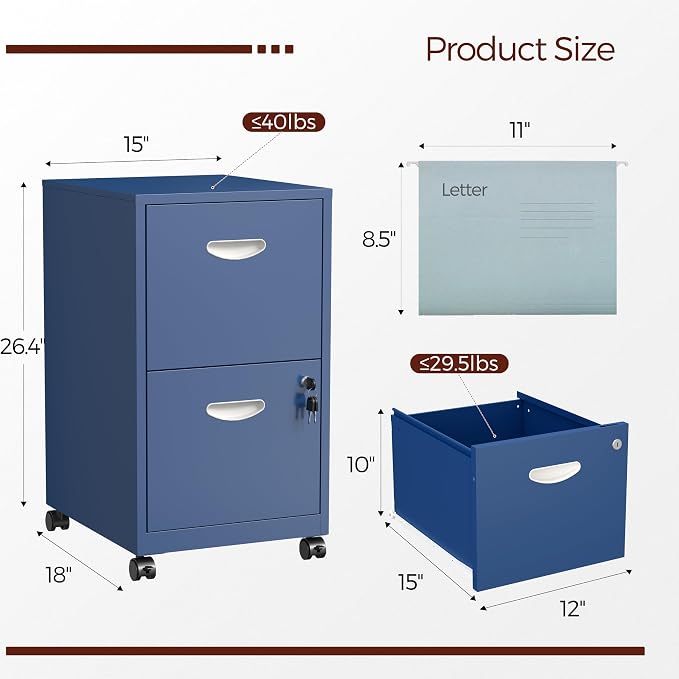 2 Drawer Mobile File Cabinet with Lock, Blue Metal Filing Cabinets with Wheels, Vertical Rolling File Cabinet Fit Hanging Files, Letter and A4 Documents