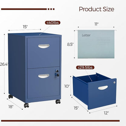 2 Drawer Mobile File Cabinet with Lock, Blue Metal Filing Cabinets with Wheels, Vertical Rolling File Cabinet Fit Hanging Files, Letter and A4 Documents