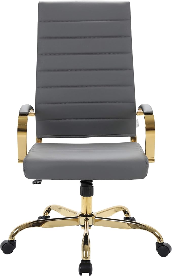 LeisureMod Modern High-Back Leather Office Chair - Swivel & Adjustable Executive Desk Chair with Gold Frame, Ergonomic Design for Home & Office (Grey, Set of 4)