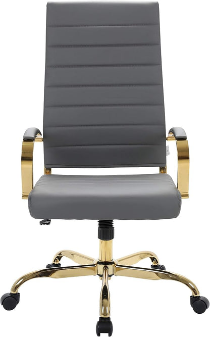 LeisureMod Modern High-Back Leather Office Chair - Swivel & Adjustable Executive Desk Chair with Gold Frame, Ergonomic Design for Home & Office (Grey, Set of 4)