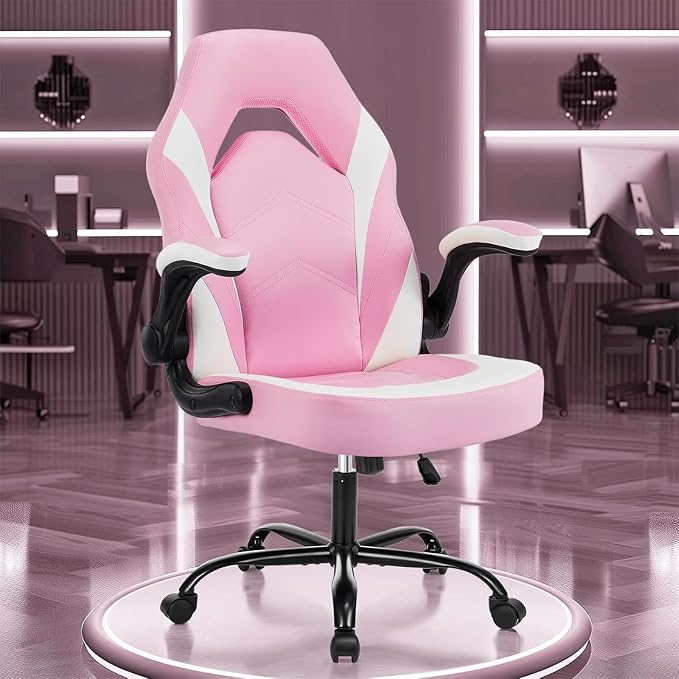 OLIXIS Computer Gaming Desk Chair - Big and Tall Ergonomic Lumbar Support with Flip-up Armrest and 360° Swivel Wheels, PU Leather Height Adjustable, for Home and Office, Pink and White