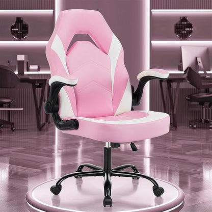 OLIXIS Computer Gaming Desk Chair - Big and Tall Ergonomic Lumbar Support with Flip-up Armrest and 360° Swivel Wheels, PU Leather Height Adjustable, for Home and Office, Pink and White