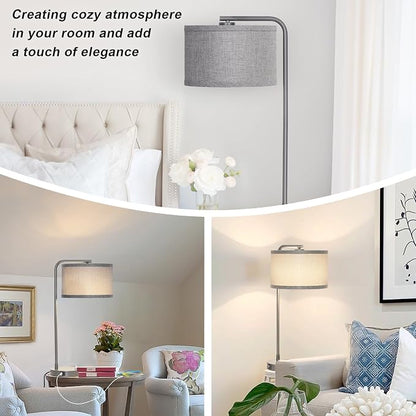 Gray Bedside Lamp with USB C+A Charging Ports, Fully Dimmable Modern Nightstand Lamp with Grey Fabric Shade, Tall Reading Lamp Desk Lamp for Bedroom Living Room Office with 3000K LED Bulb