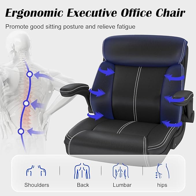 AnyGod 1Pcs Office Chair for Men Women Home Office Pu Leather 360 Swivel Rocking Function Ergonomic Chair with Flip-Up Arms Lumbar Support Rolling Wheels Adjustable Height -Black Size