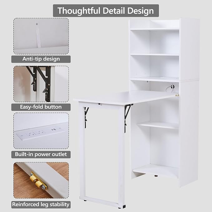 Folding Desk with Storage,Space-Saving Foldable Desk, Wall Mount Fold Out Computer Table for Home Office (White)