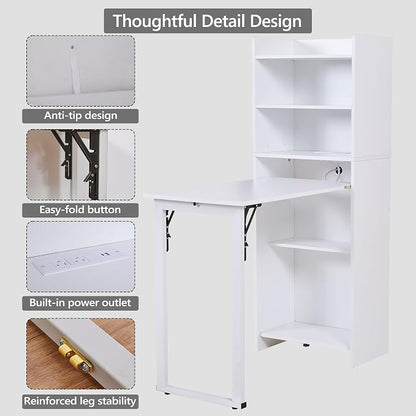 Folding Desk with Storage,Space-Saving Foldable Desk, Wall Mount Fold Out Computer Table for Home Office (White)