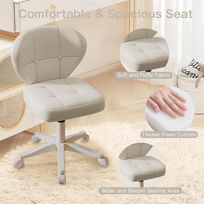Vanity Chair with Back – Small Armless Office Chair with Wheels, Lumbar Support, PU Leather, Adjustable Height, 360° Swivel for Home, Bedroom, Office White Set of 2