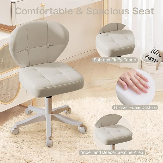 Vanity Chair with Back – Small Armless Office Chair with Wheels, Lumbar Support, PU Leather, Adjustable Height, 360° Swivel for Home, Bedroom, Office (White Set of 1)