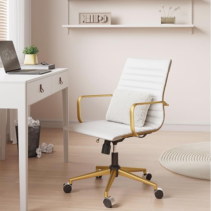 Ergonomic Office Chair White and Gold Leather Desk Chair for Home Office, Mid Century Comfy Executive Computer Chair Adjustable Swivel（1pcs）