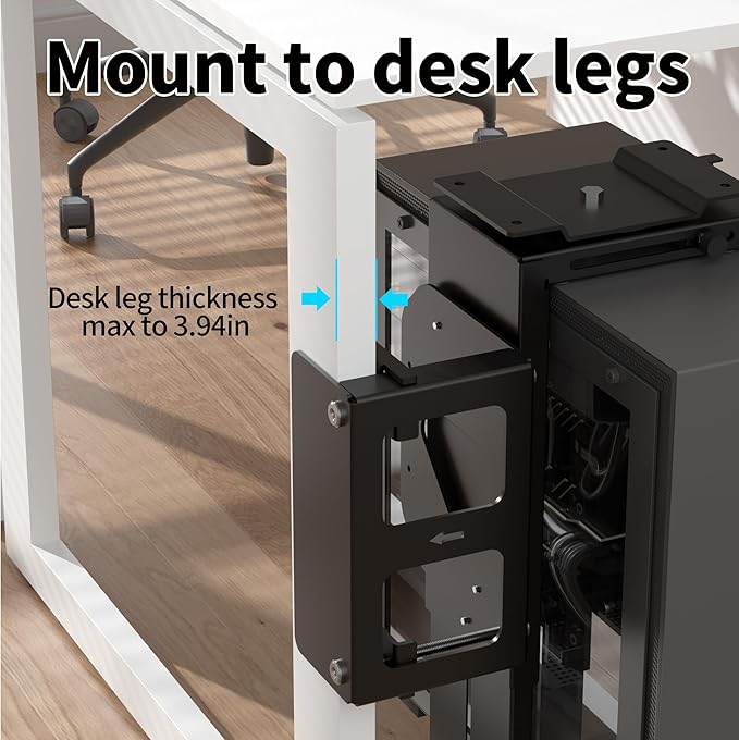 Pholiten Under Desk CPU Mount, Universal Desk Leg CPU Mount, 3.94 to 11.61 Inch Wide Computer Case CPU Hanger Holder, Table Beam CPU Mount Bracket Computer Tower Wall and Under Counter Holder