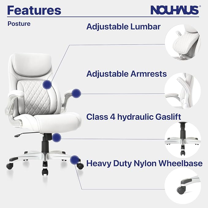 Nouhaus +Posture Ergonomic PU Leather Office Chair. Click5 Lumbar Support with FlipAdjust Armrests. Modern Executive Chair and Computer Desk Chair (White)