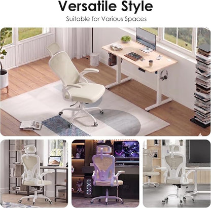 Farini Ergonomic Office Chair, Home Office Desk Chair with Headrest, High Back Swivel Computer Chair with Armrests and Adjustable Lumbar Support for Home Office Study Room, White & Beige