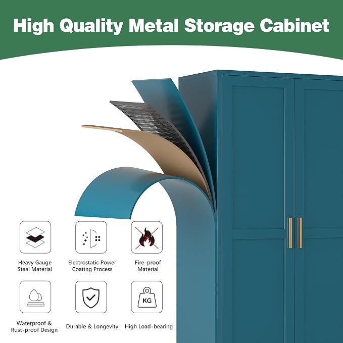 Bevivog Bathroom Storage Cabinet Freestanding, 61" Tall Metal Cabinets with Doors and Shelves, Blue Metal Pantry Cabinet for Kitchen, Living Room, Home Office