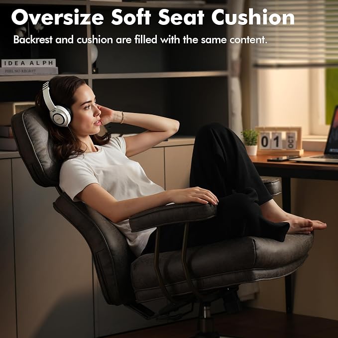 High Back Executive Office Chair with Comfortable Deep Seat,Grey Mid Century Modern Office Chair,Ergonomic Big and Tall Computer Desk Chairs with Lumbar Support(Grey Suede)