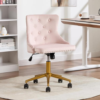Velvet Armless Home Office Desk Chair, Swivel Height-Adjustable Small Cute Vanity Chair for Women/Girls, Comfy Makeup Chair with Rivet and Gold Base for Living Room, Bedroom(Light Pink)