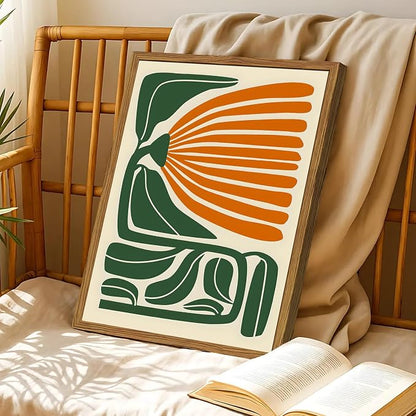 Framed Boho Floral Wall Art, Mid Century Modern Flower Canvas Wall Decor Pictures, Green and Orange Abstract Botanical Paintings Poster Prints Eclectic Home Decor for Living Room Bedroom 16x24 inch